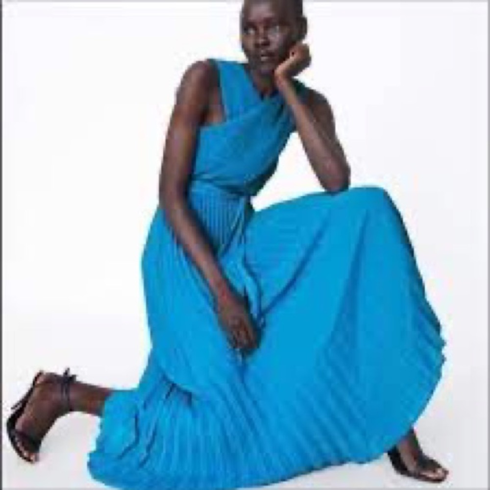 ZARA BLUE BLUE CRISS CROSS HALTER LONG DRESS